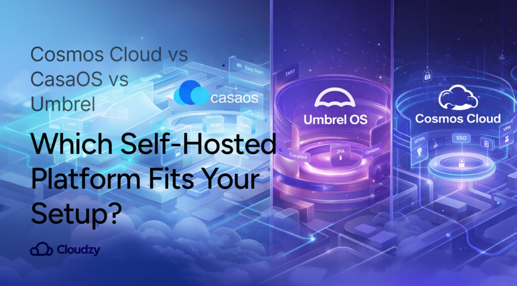 Cosmos Cloud vs CasaOS vs Umbrel feature graphic showing three self-hosted paths inside one abstract cloud network world.