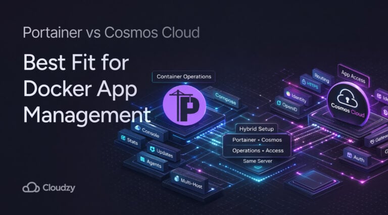 Kryt Porttainer vs Cosmos Cloud pro správu Docker Apps s hybridním schématem nastavení a neonovými operacemi vs přístupovými bloky.