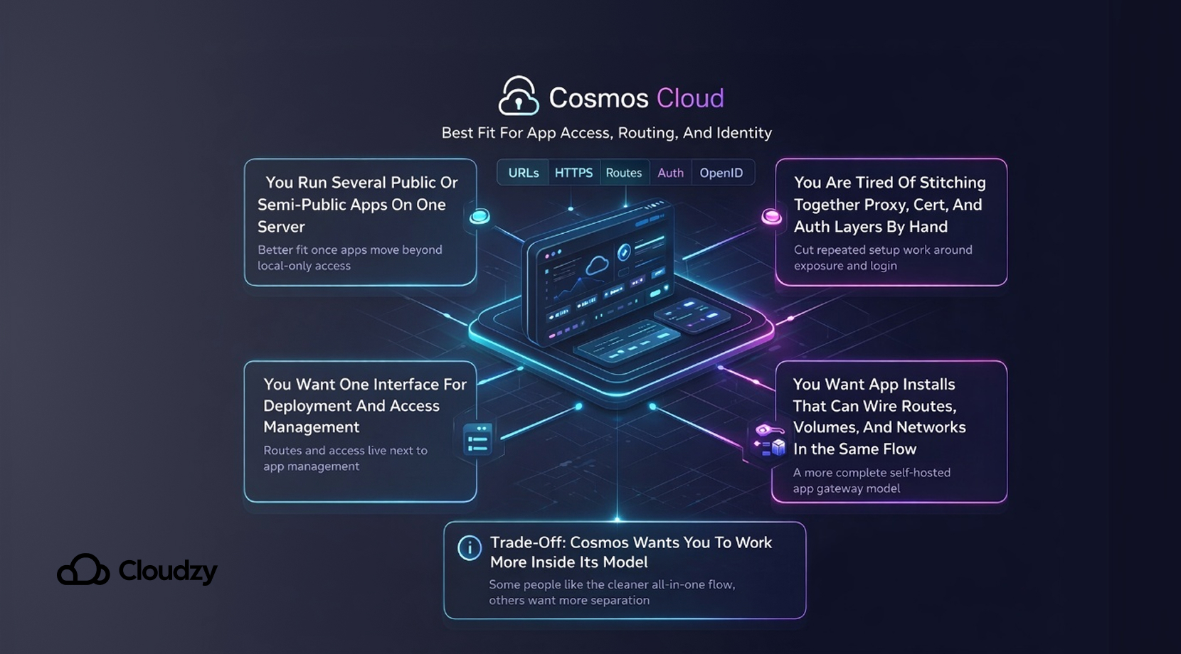 Feature Image 2026 04 09T163202.250 Cosmos Cloud feature graphic for app access, routing, and identity in Portainer vs Cosmos Cloud for Managing Docker Apps.