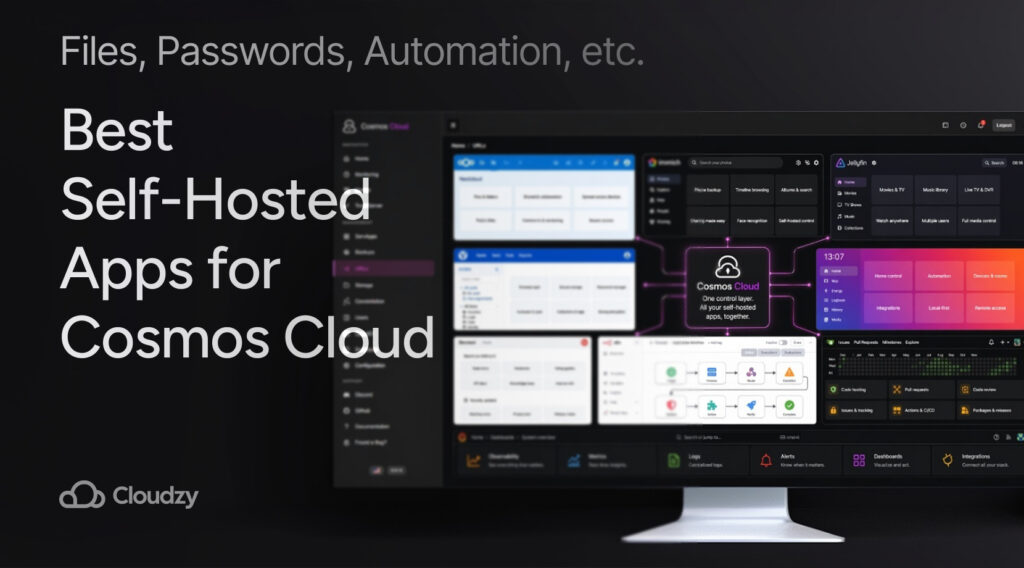 Best Self-Hosted Apps You Can Run with Cosmos Cloud cover image with app panels around a Cosmos dashboard.