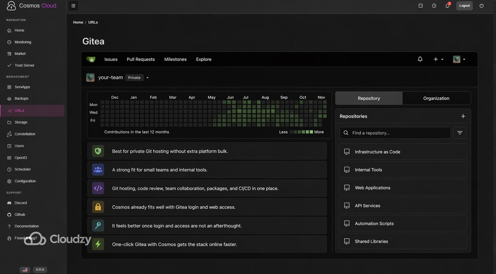 Best Self-Hosted Apps You Can Run with Cosmos Cloud, Gitea repo dashboard inside Cosmos Cloud interface.