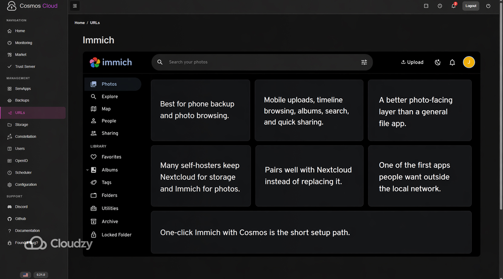 Best Self-Hosted Apps You Can Run with Cosmos Cloud, Immich photo library UI embedded in Cosmos Cloud.
