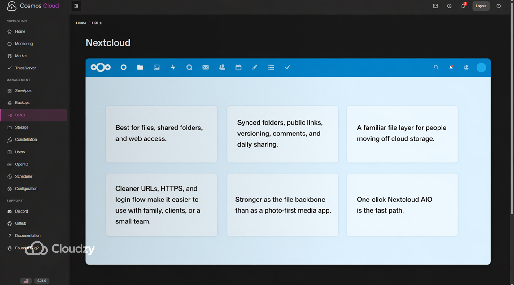 Best Self-Hosted Apps You Can Run with Cosmos Cloud, Nextcloud files dashboard shown inside Cosmos Cloud.