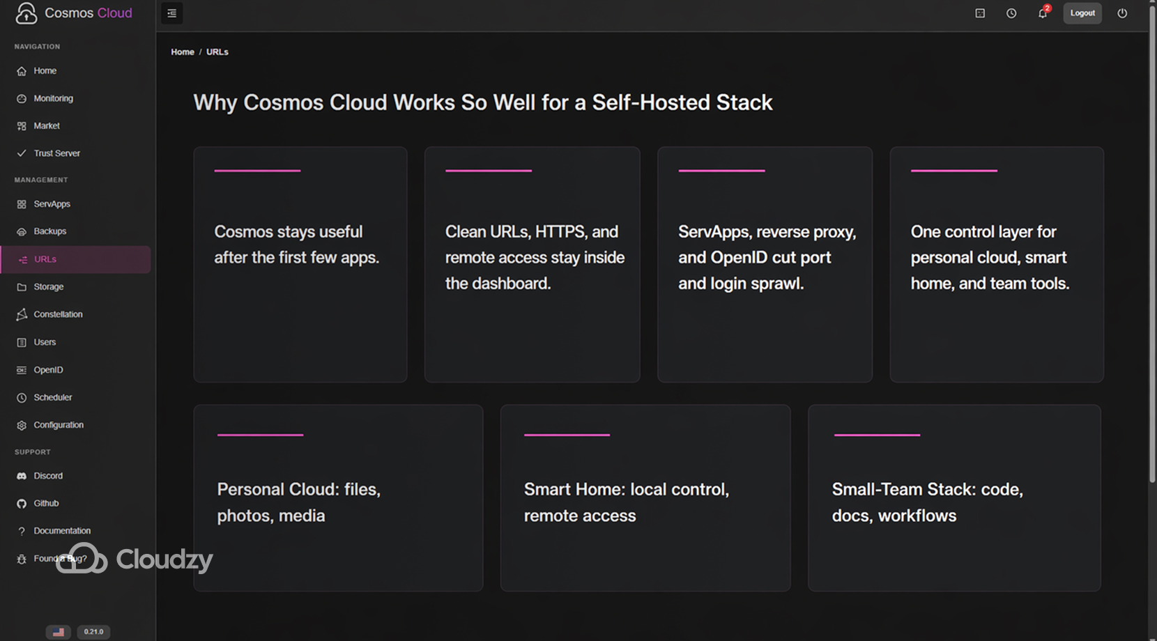 Best Self-Hosted Apps You Can Run with Cosmos Cloud, feature cards explaining Cosmos Cloud stack benefits.