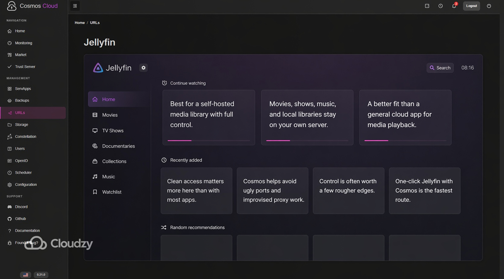 Best Self-Hosted Apps You Can Run with Cosmos Cloud, Jellyfin media dashboard embedded in Cosmos Cloud UI.