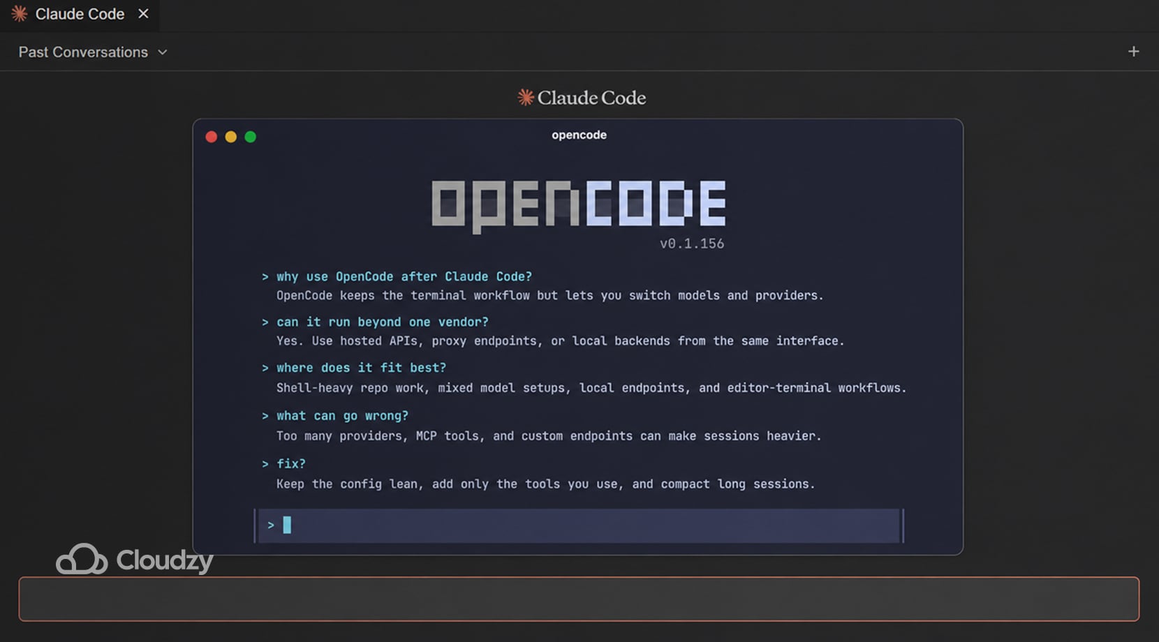 claude code alternatives showing OpenCode terminal workflow with provider switching, local endpoints, and model control.