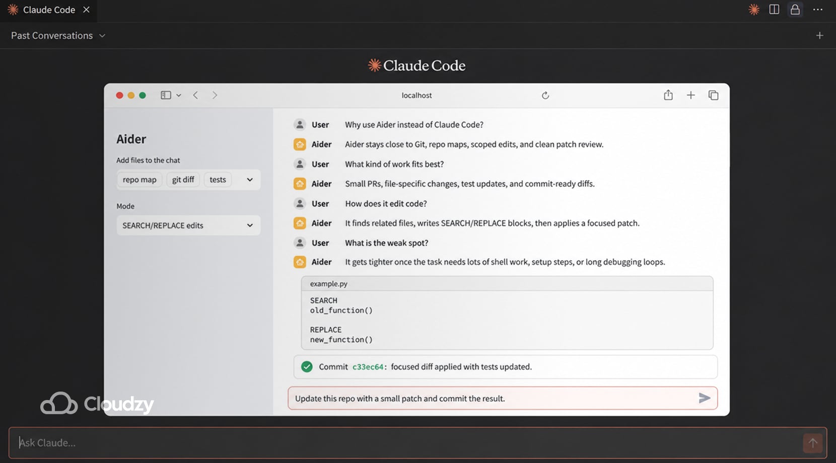 claude code alternatives showing Aider as one of the open source ai coding tools for Git diffs and patch edits.