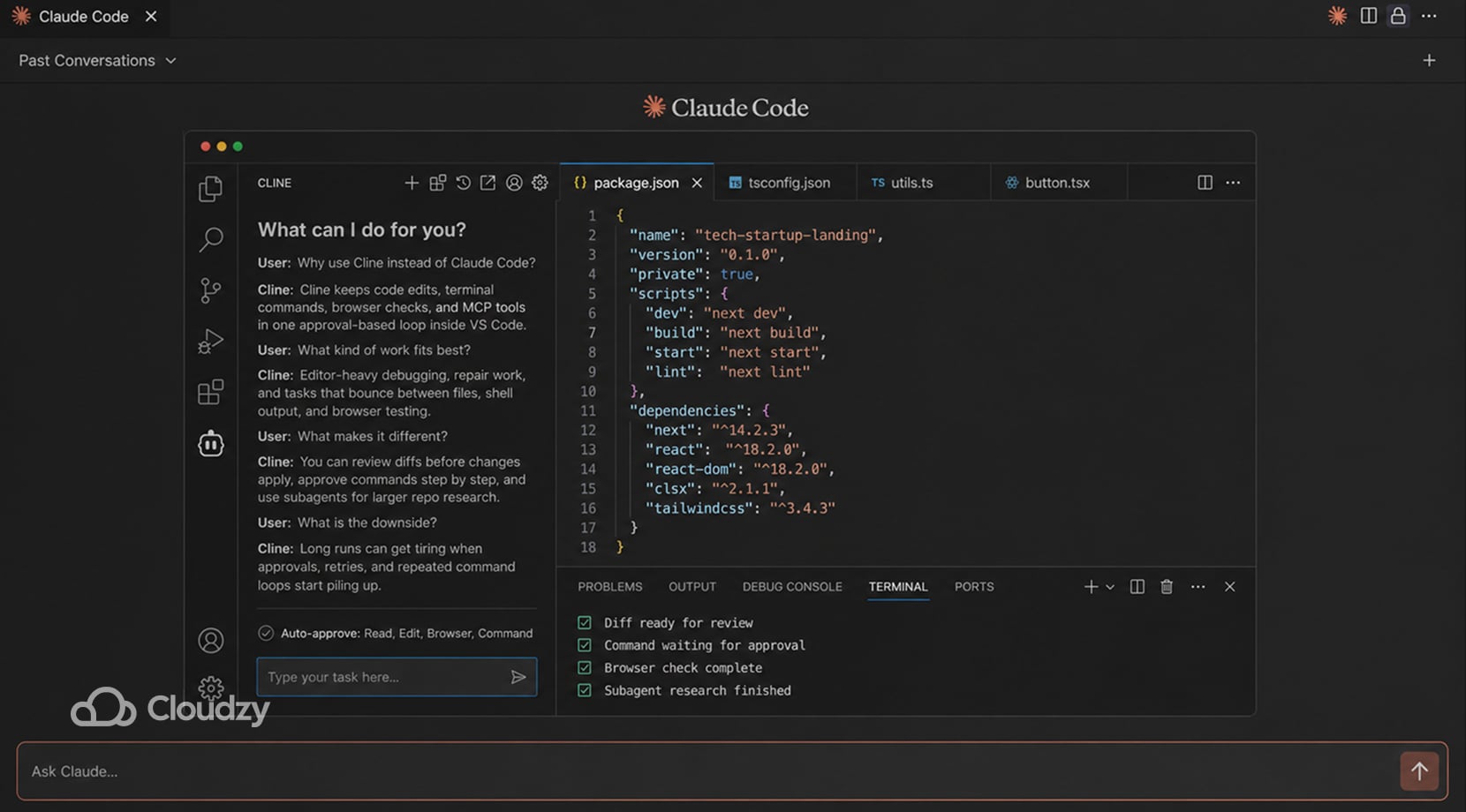 claude code alternatives showing Cline for VS Code edits, terminals, browser checks, MCP tools, and approvals.