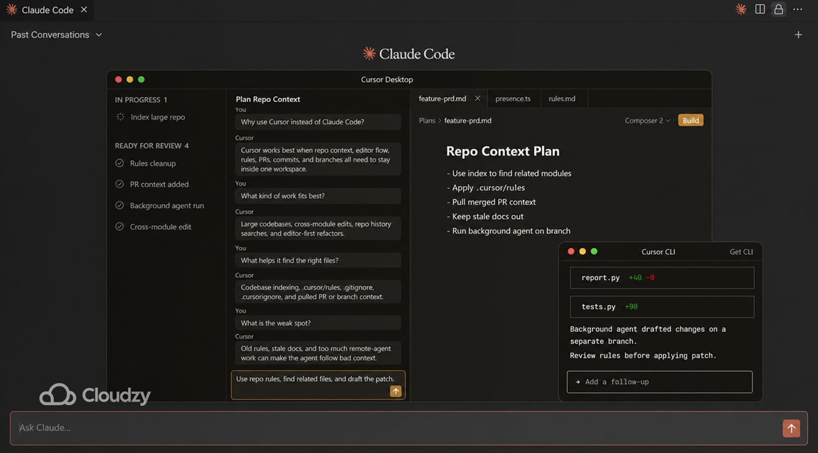 claude code alternatives showing Cursor for repo context, PR cleanup, branch agents, and editor-first refactors.