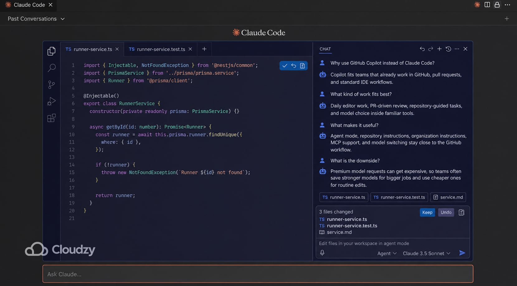 claude code alternatives showing GitHub Copilot for IDE edits, chat, changed files, and GitHub-style review.