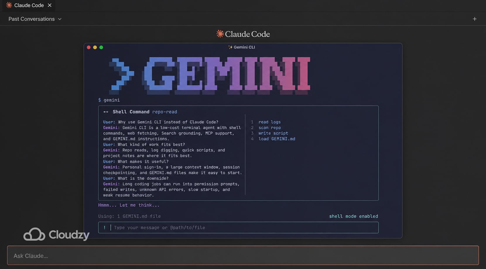 claude code alternatives showing Gemini CLI for terminal-based repo reads, scripts, shell commands, and project notes.