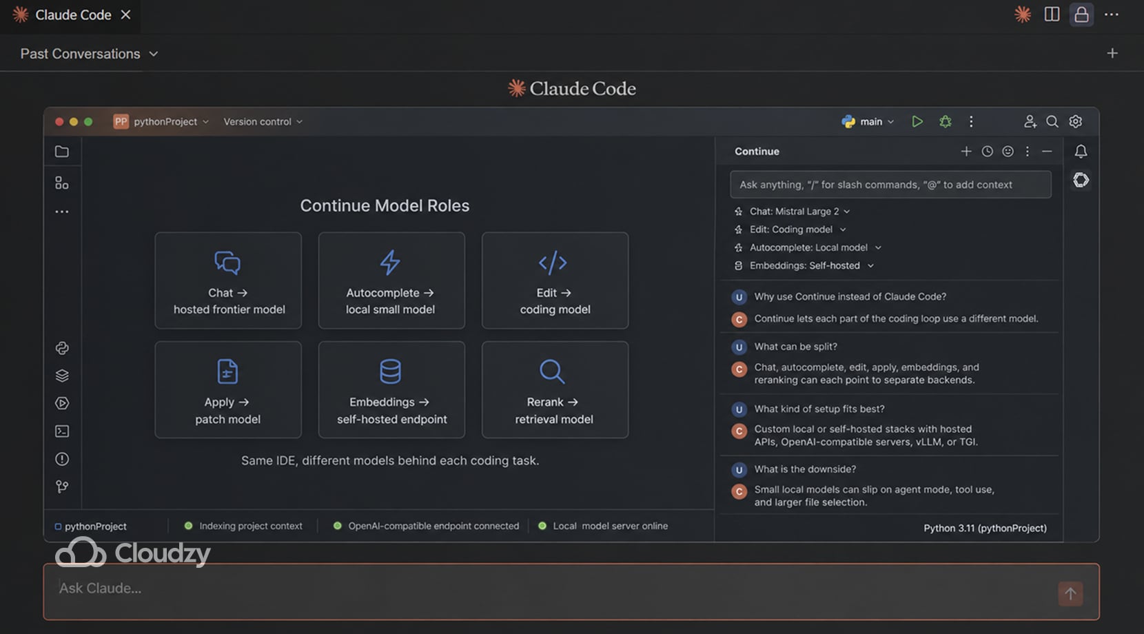 claude code alternatives showing Continue among self hosted ai coding tools with split model roles in one IDE.