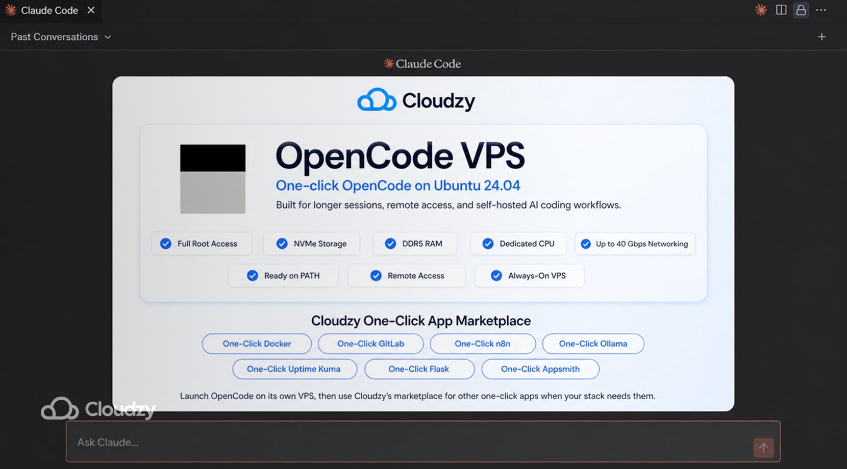 claude code alternatives with Cloudzy OpenCode VPS, remote access, root access, NVMe, DDR5, and marketplace apps.