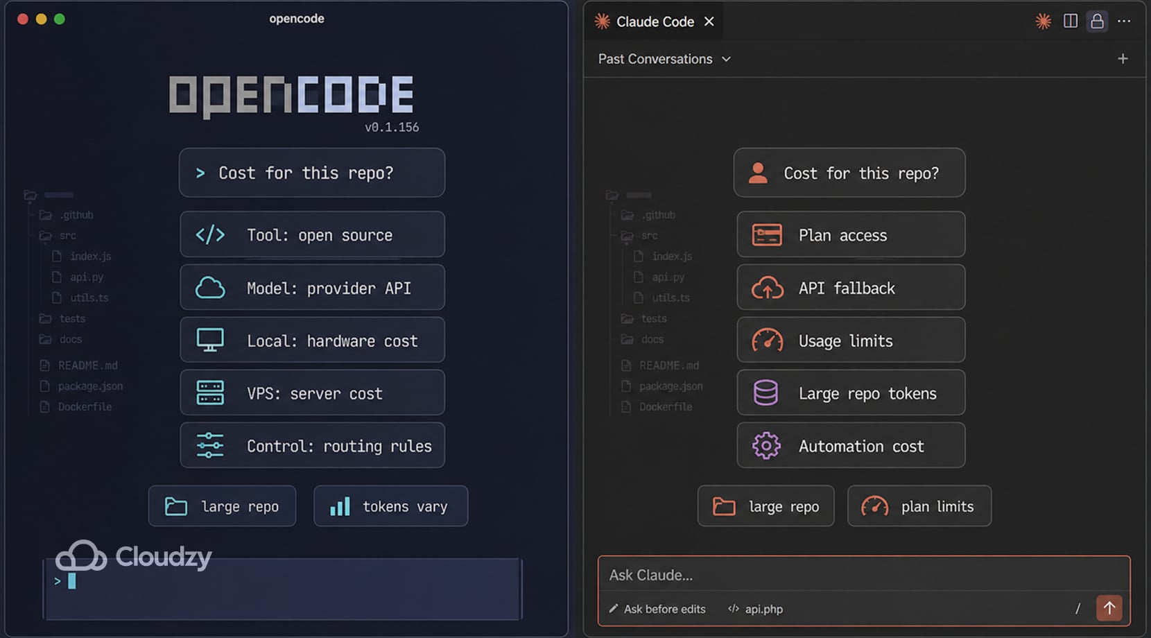 opencode vs claude code cost view comparing open source tool choice, provider API, local hardware, VPS, and token limits.