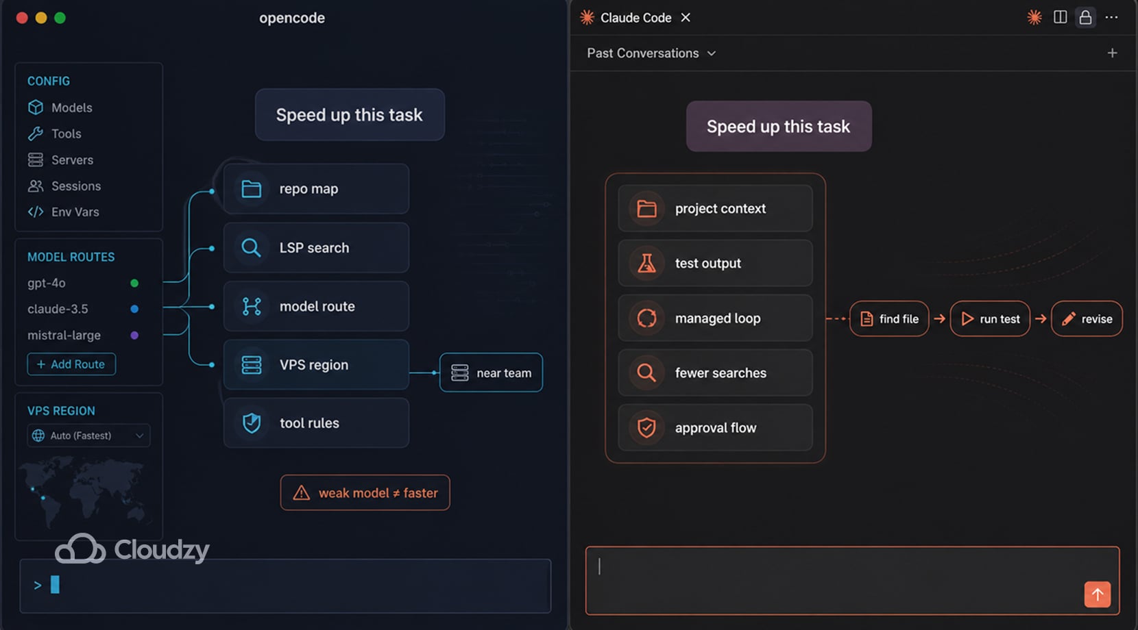 opencode vs claude code comparison showing a cli agent, repo map, model routing, tests, and approval workflow.