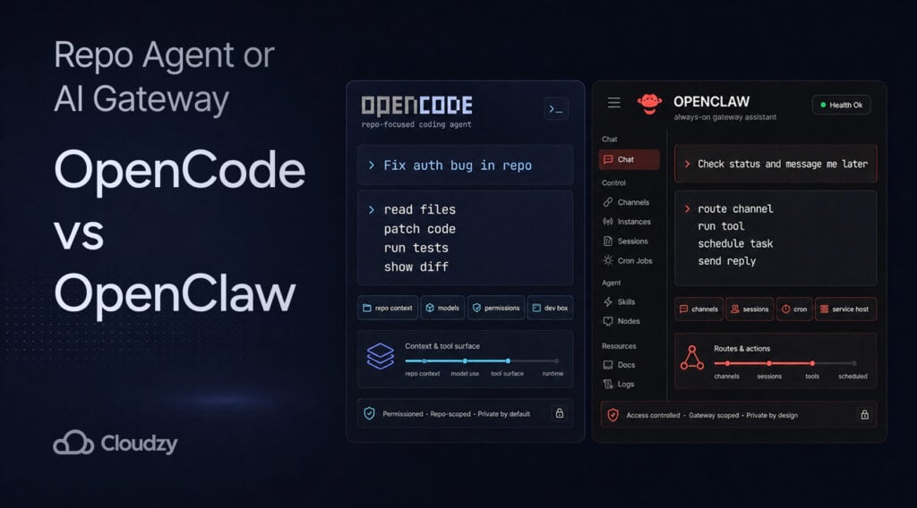 opencode vs openclaw feature comparing a repo ai coding agent with an OpenClaw autonomous ai agent gateway.