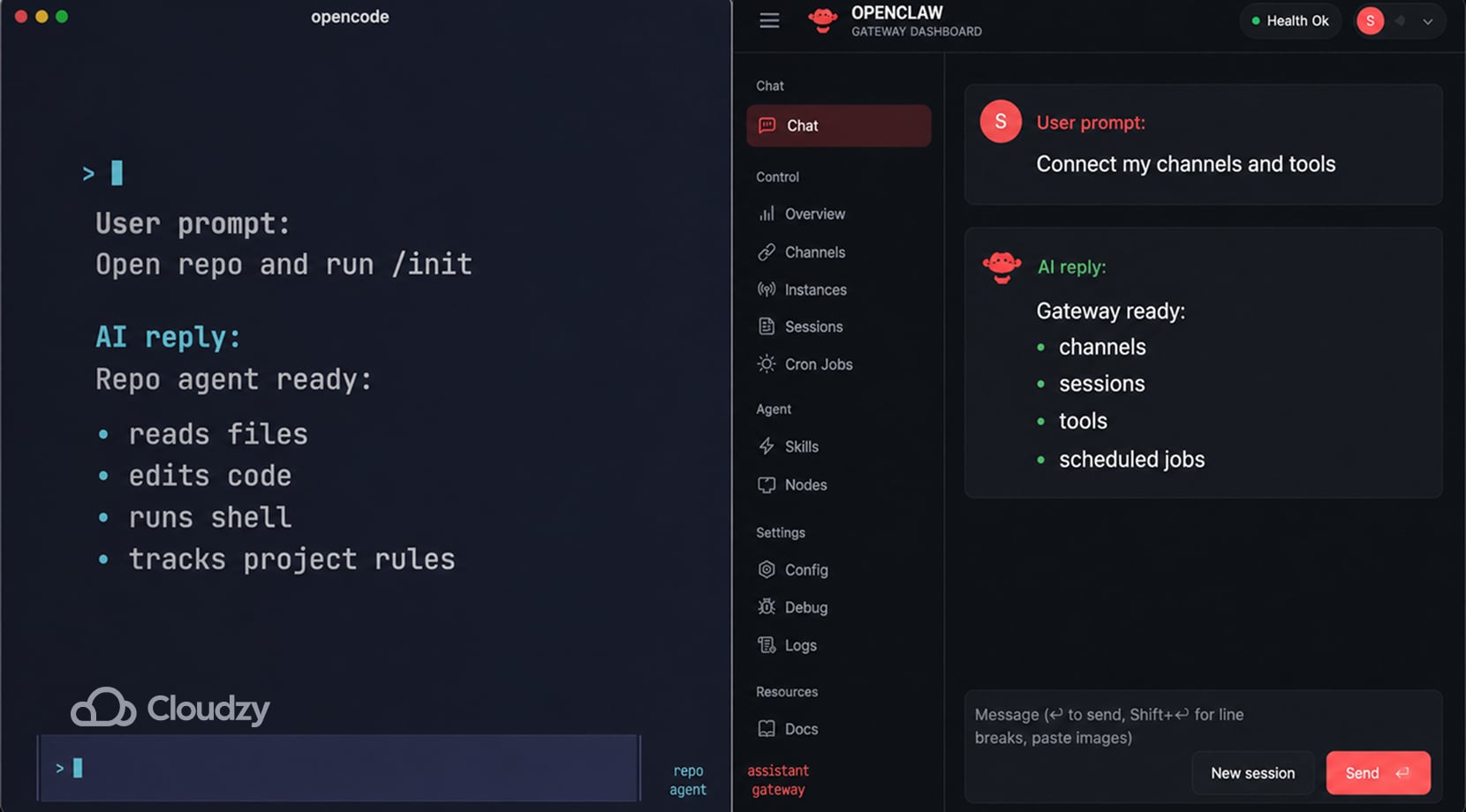 opencode vs openclaw prompt screen comparing repo tasks with Self host ai automation through channels and tools.