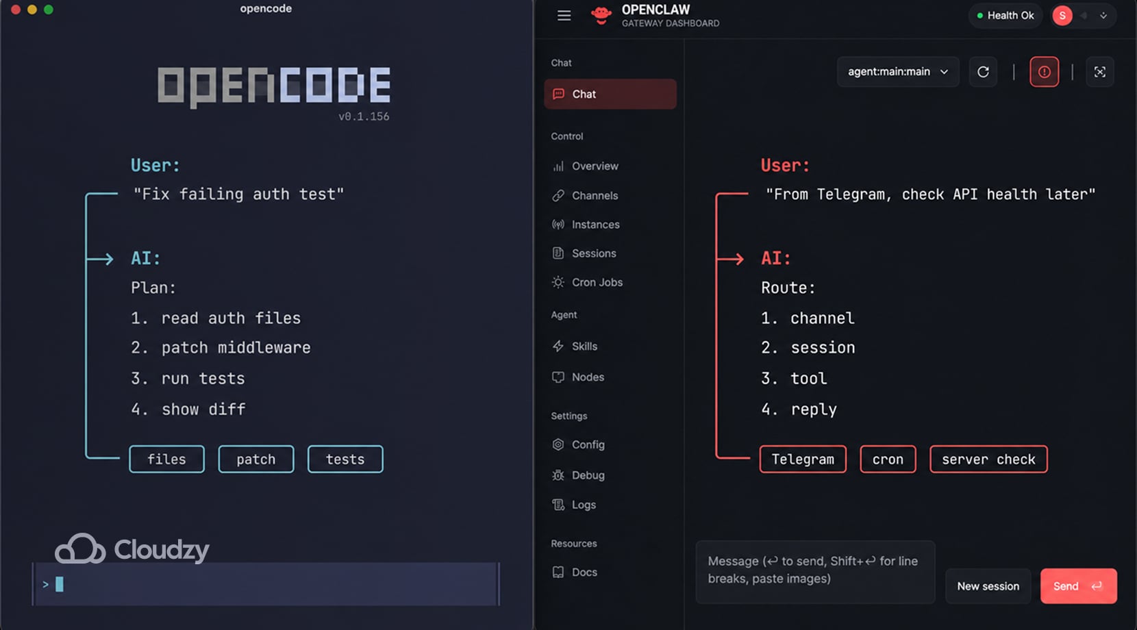 opencode vs openclaw task flow showing code tests and Telegram server checks for an autonomous ai agent.