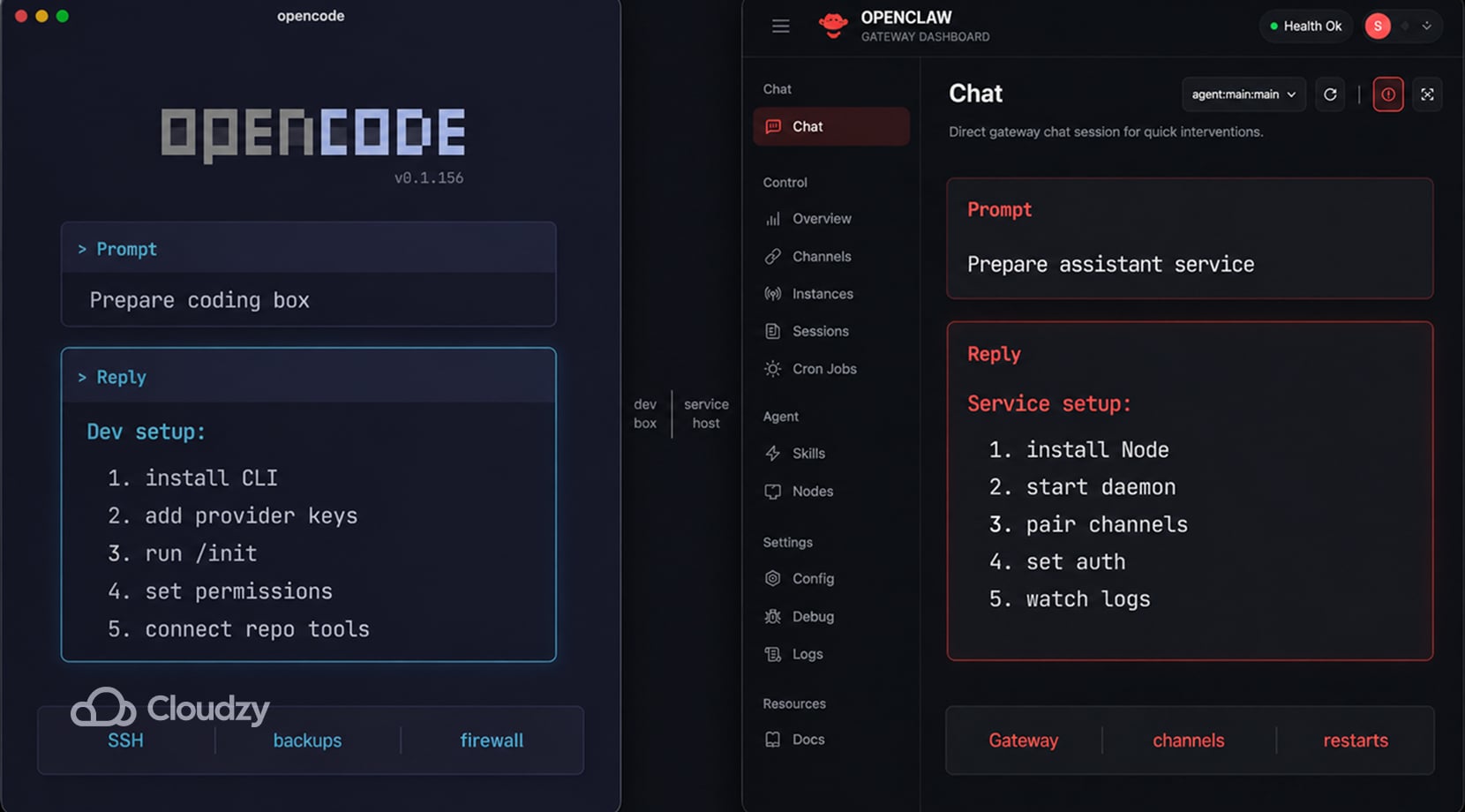 opencode vs openclaw setup screen for self-hosted AI agent repo and gateway workflows.
