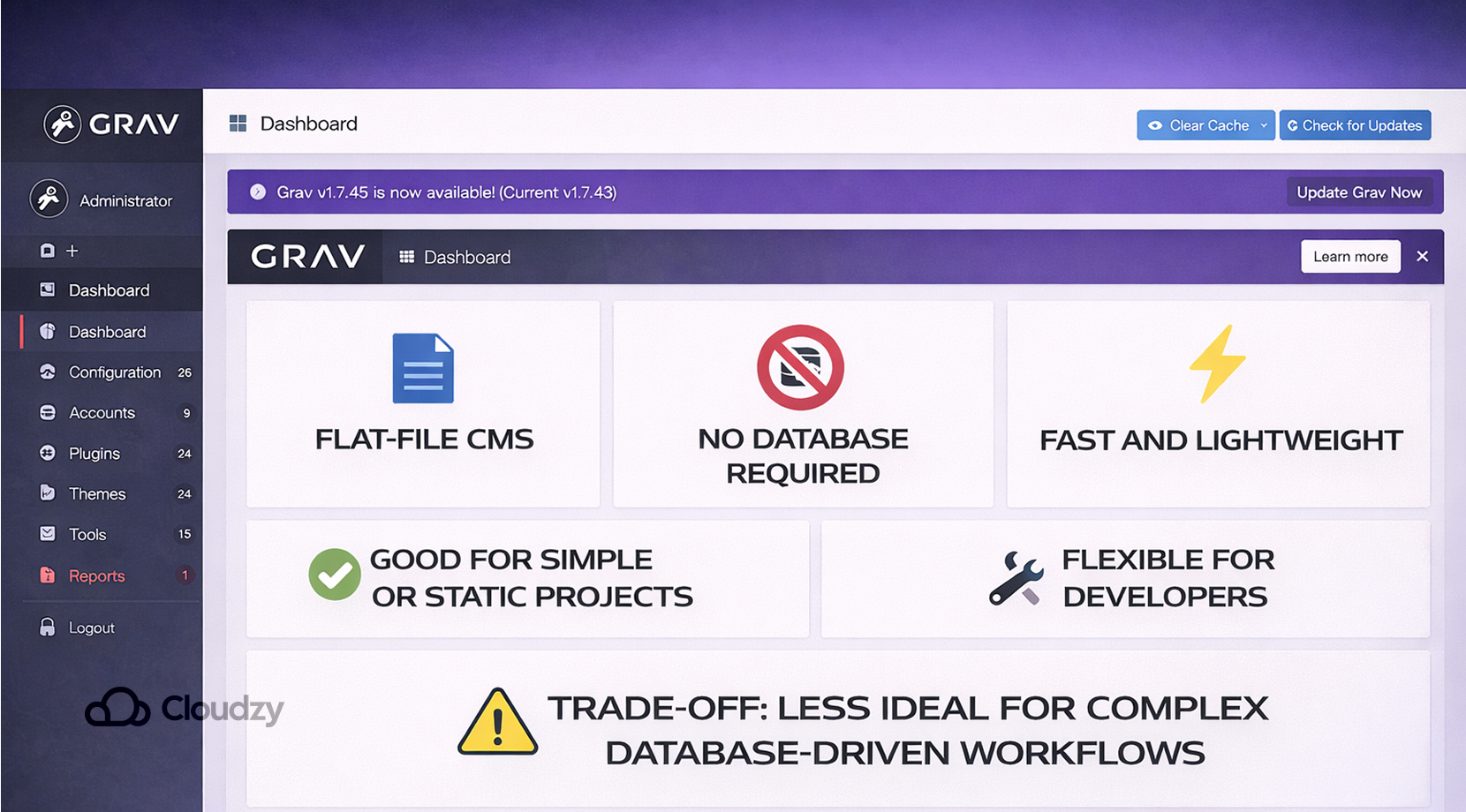 open-source WordPress alternatives Grav dashboard highlighting flat-file architecture, no database required, fast lightweight performance, developer flexibility, and trade-offs for complex database-driven workflows.