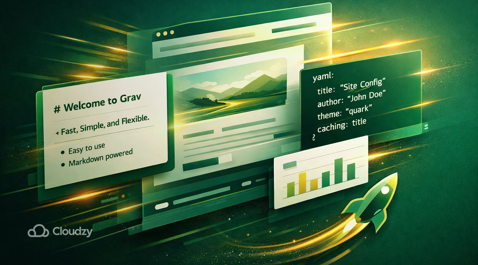 best flat-file CMS Grav interface illustration showing Markdown content, YAML configuration, dashboard widgets, analytics, and speed-focused visuals around a fast, flexible publishing workflow.