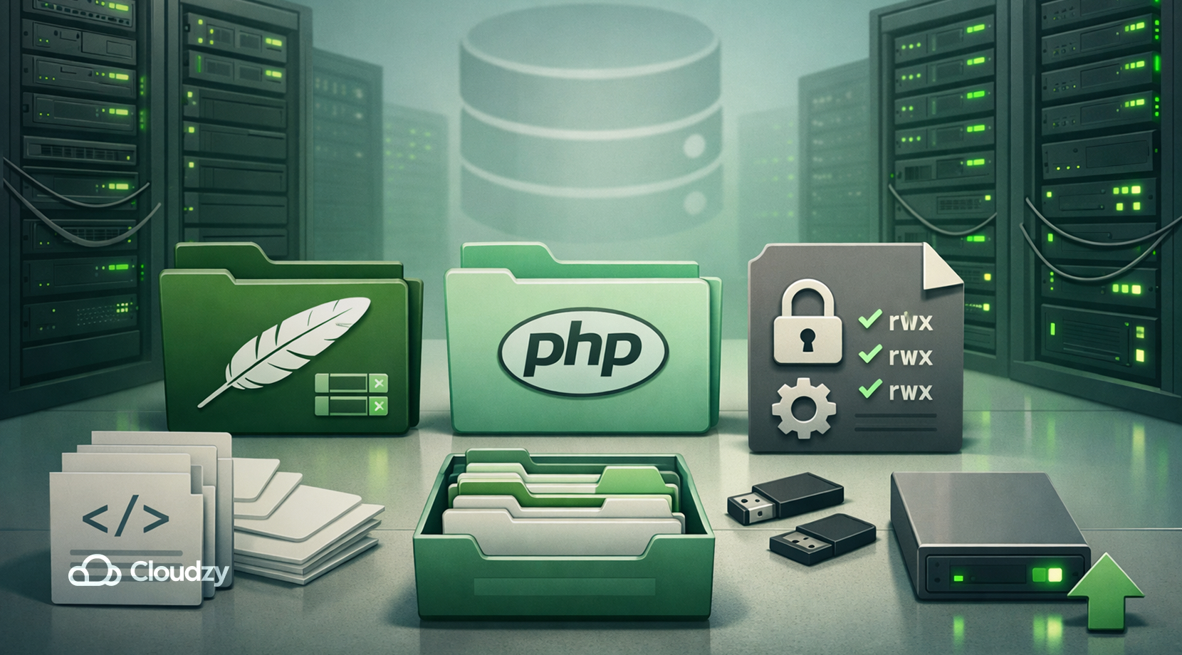 best flat-file CMS hosting illustration showing server racks, file folders, PHP support, permissions, local storage, and deployment assets for running a flat-file platform in production.