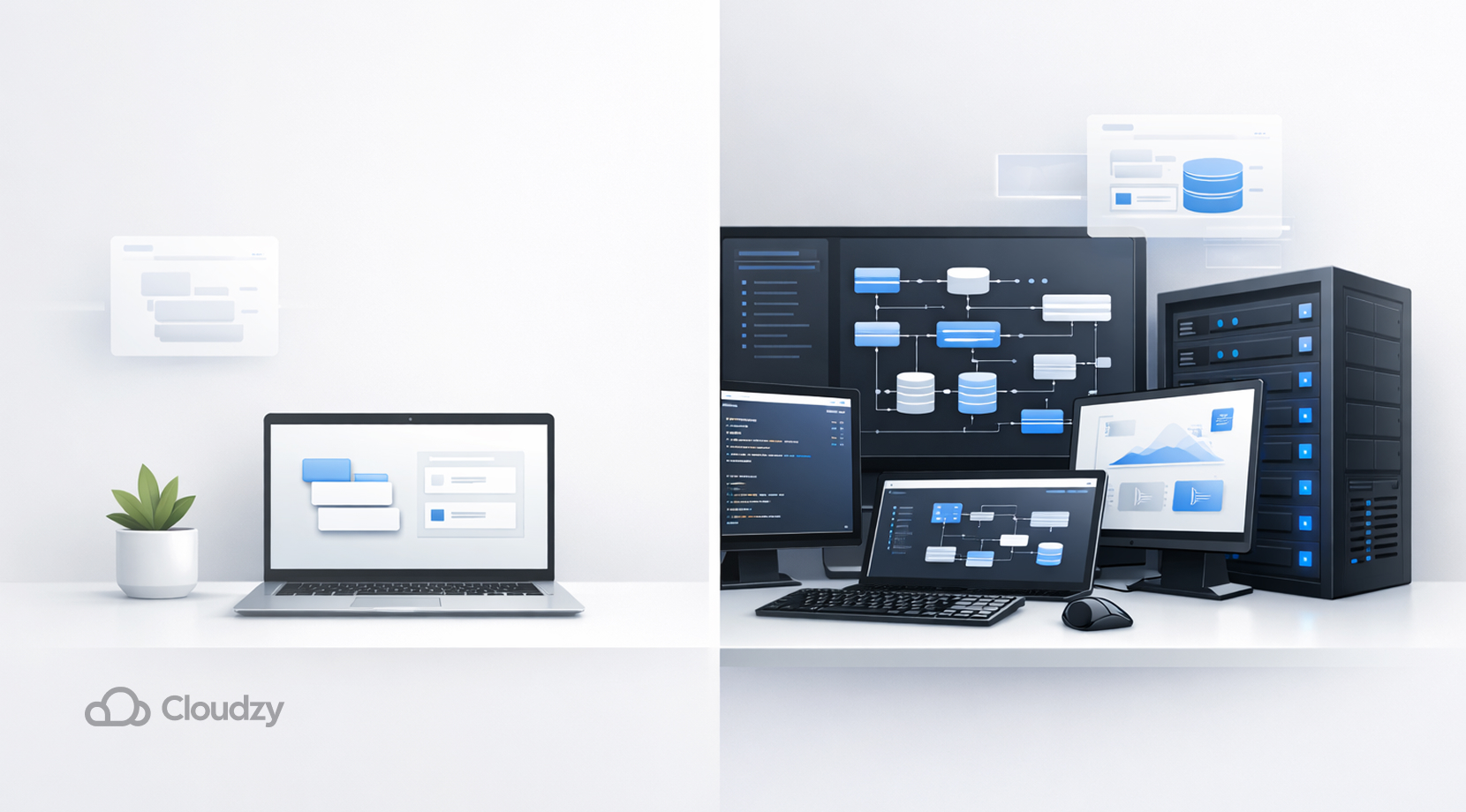 Automad vs. WordPress core architecture illustration showing a simpler laptop-based setup on one side and a layered database-driven environment with servers, dashboards, and connected components on the other.