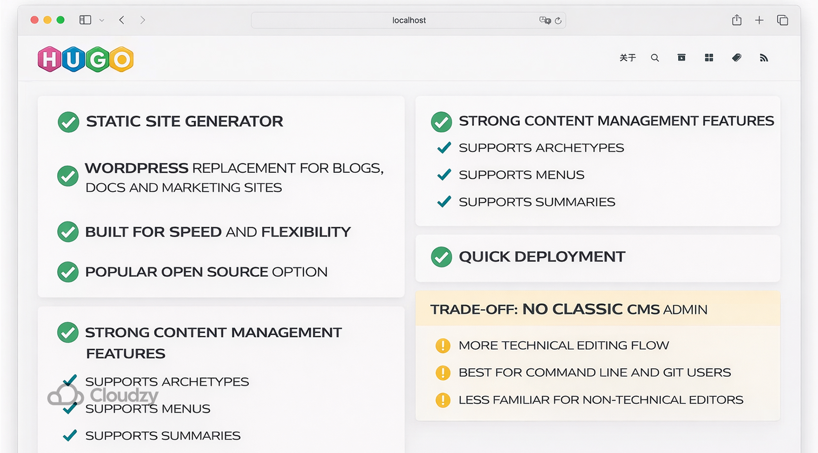 open-source WordPress alternatives Hugo dashboard highlighting static site generation, speed, strong content features, quick deployment, and trade-offs for users wanting a classic CMS admin.