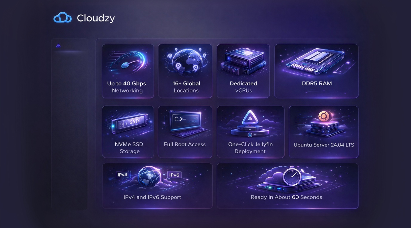Internal Pics 26 Cloudzy feature grid for media servers, shown as a plex alternative setup with NVMe, DDR5, root access, and one-click deploy.