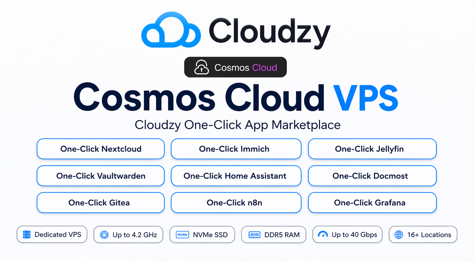 Best Self-Hosted Apps You Can Run with Cosmos Cloud, Cloudzy Cosmos Cloud VPS marketplace CTA with one-click app pills.