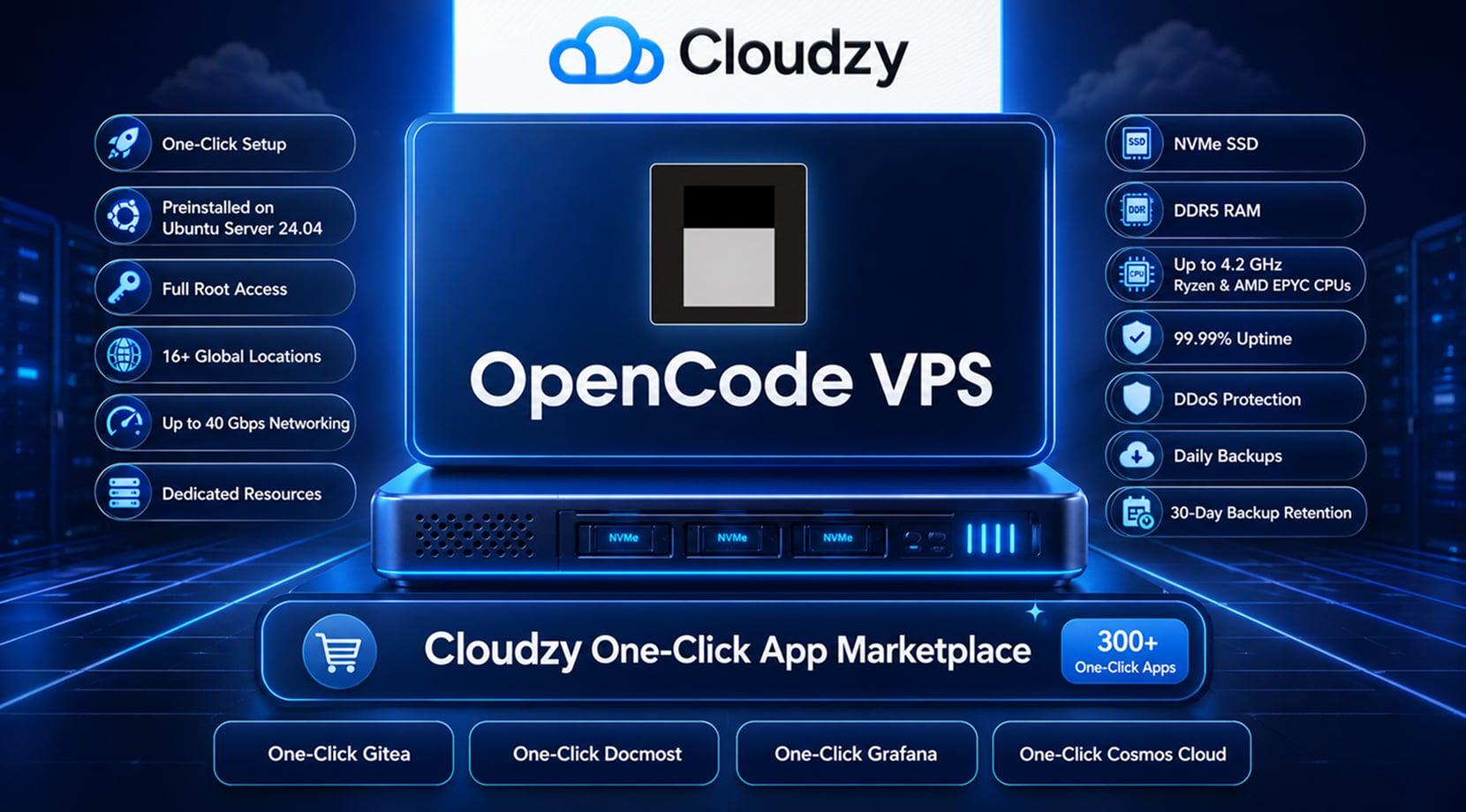 opencode vs claude code visual with Opencode VPS features, one-click setup, NVMe, DDR5, backups, and marketplace apps.
