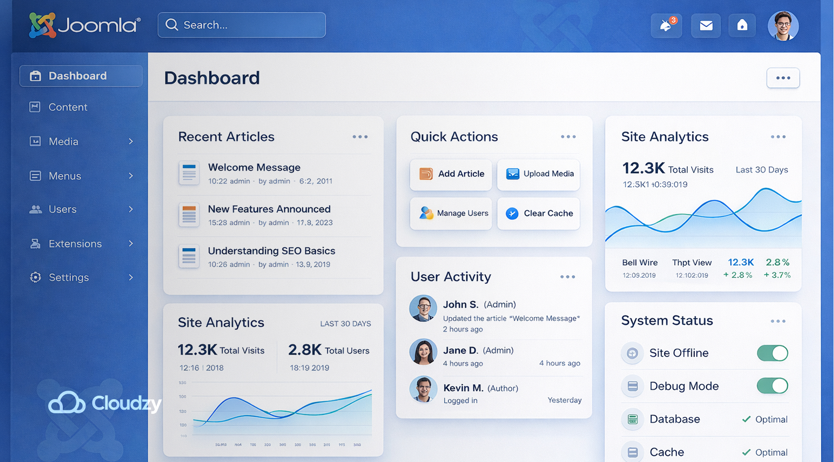 open-source WordPress alternatives Joomla dashboard showing recent articles, quick actions, analytics, user activity, and system status in a traditional all-in-one CMS admin interface.