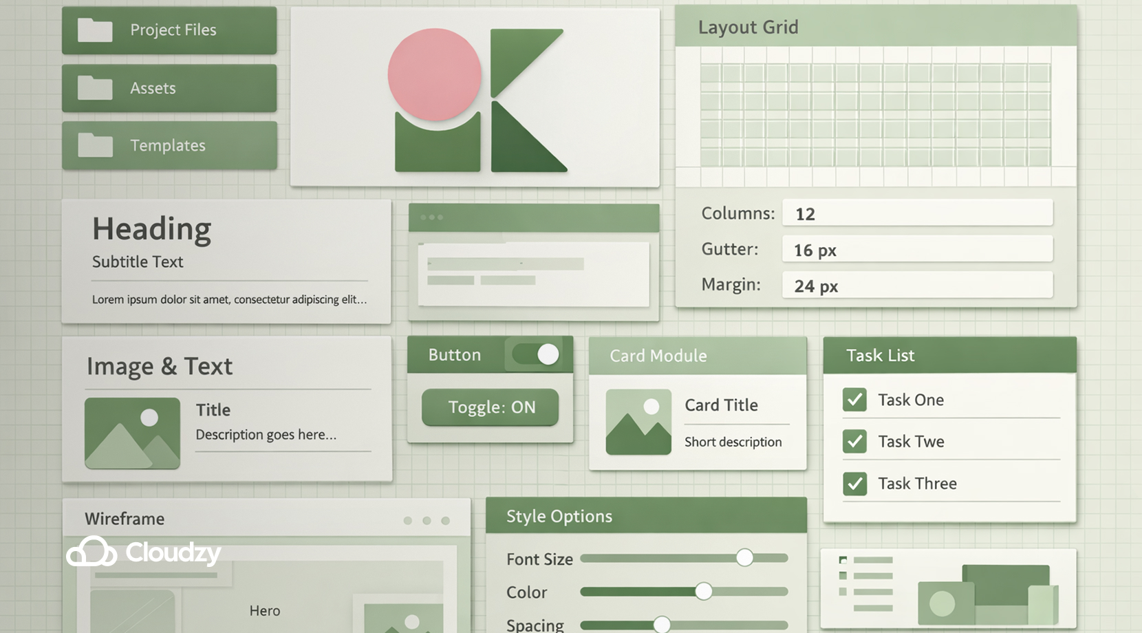 best flat-file CMS Kirby-style design system board showing project files, templates, layout grids, content modules, task lists, wireframes, and visual style controls for structured site building.