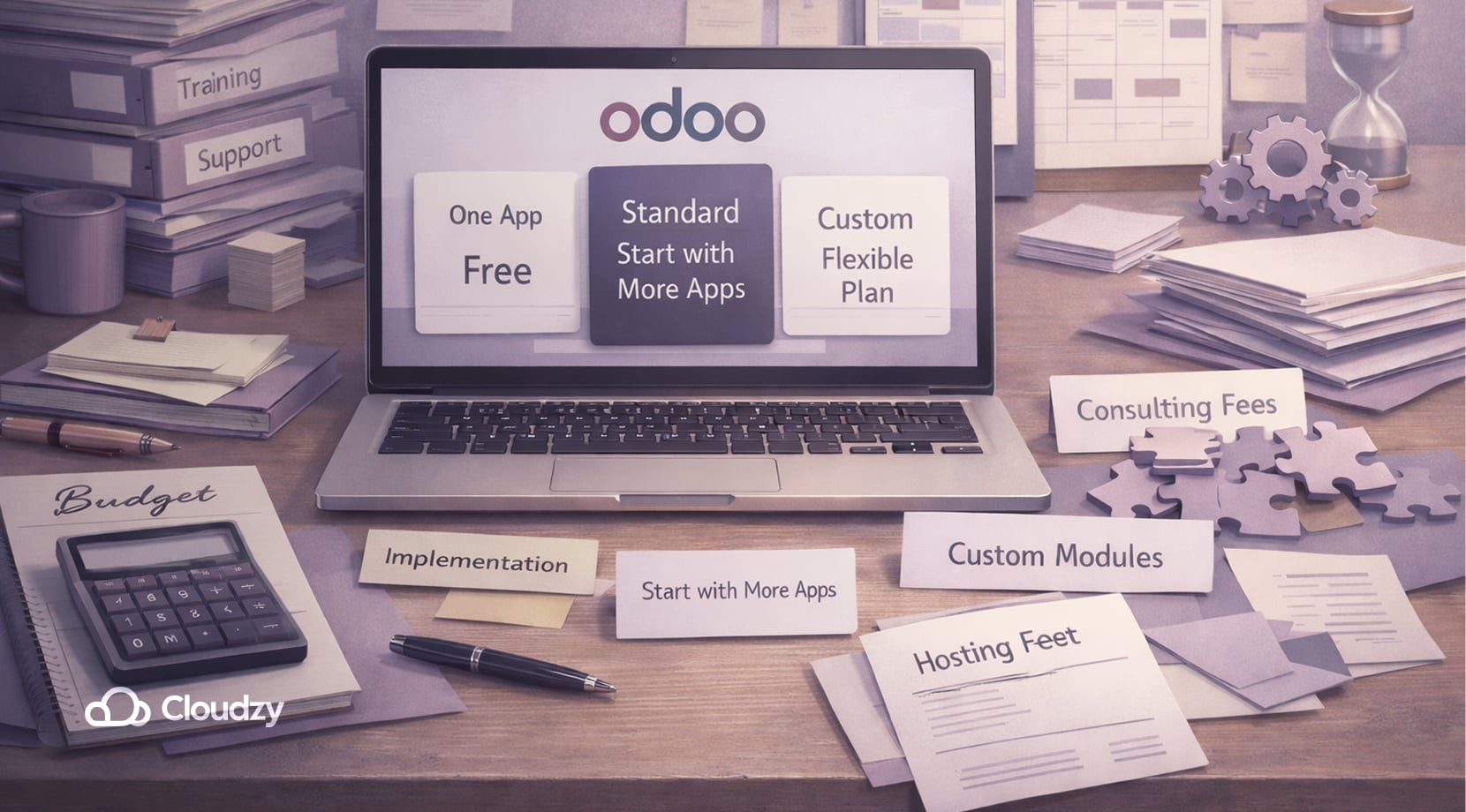 Odoo review illustration of a laptop on a cluttered desk showing pricing options, surrounded by notes about budget, implementation, support, consulting fees, custom modules, and hosting costs.