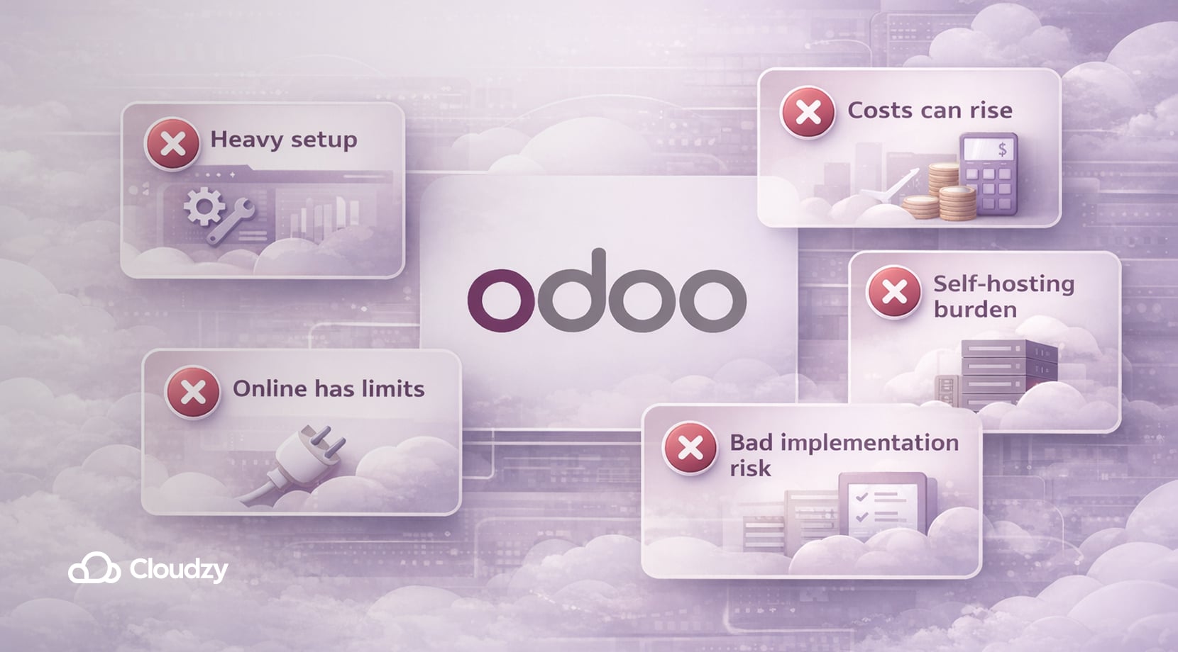 Odoo review cons graphic with the Odoo logo centered and surrounding drawback cards for heavy setup, rising costs, self-hosting burden, online limits, and implementation risk.