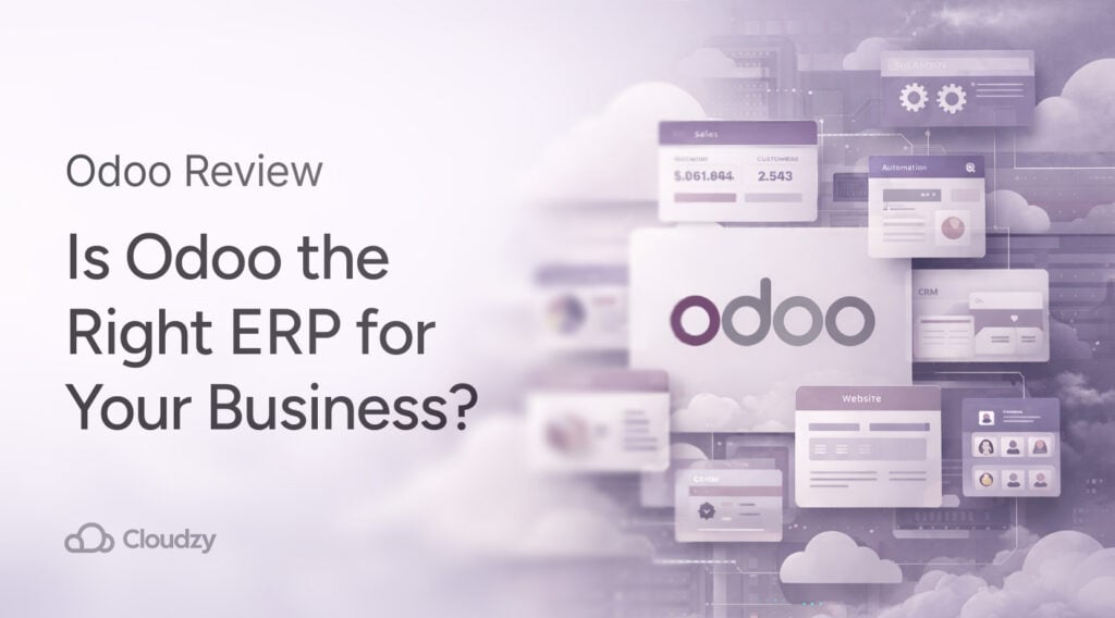Odoo review feature image with large headline text on the left and the Odoo logo on the right, surrounded by floating app interface panels in a soft purple cloud-themed background.