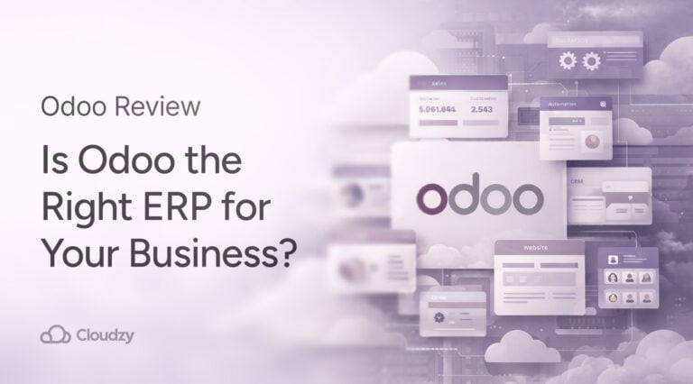 Obrázek funkce recenze Odoo s velkým textem nadpisu vlevo a logem Odoo vpravo, obklopený plovoucími panely rozhraní aplikace na jemně fialovém pozadí s motivem mraků.