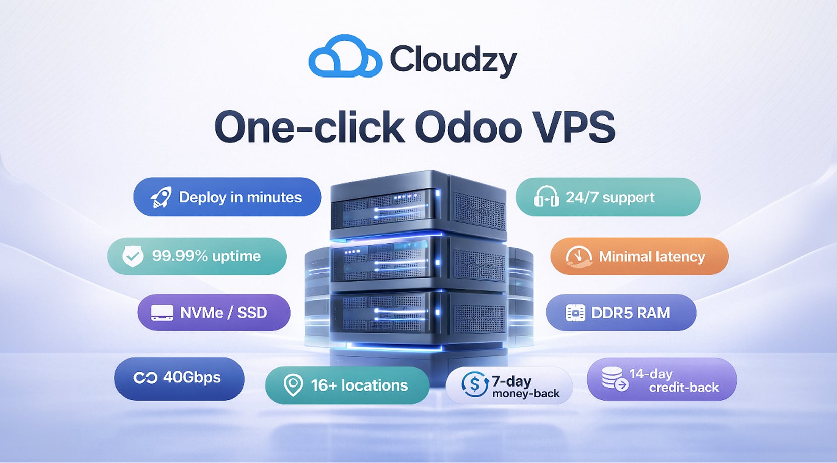 Odoo review promotional banner for Cloudzy one-click VPS, featuring a central server stack and hosting benefits like fast deployment, uptime, NVMe storage, DDR5 RAM, and global locations.