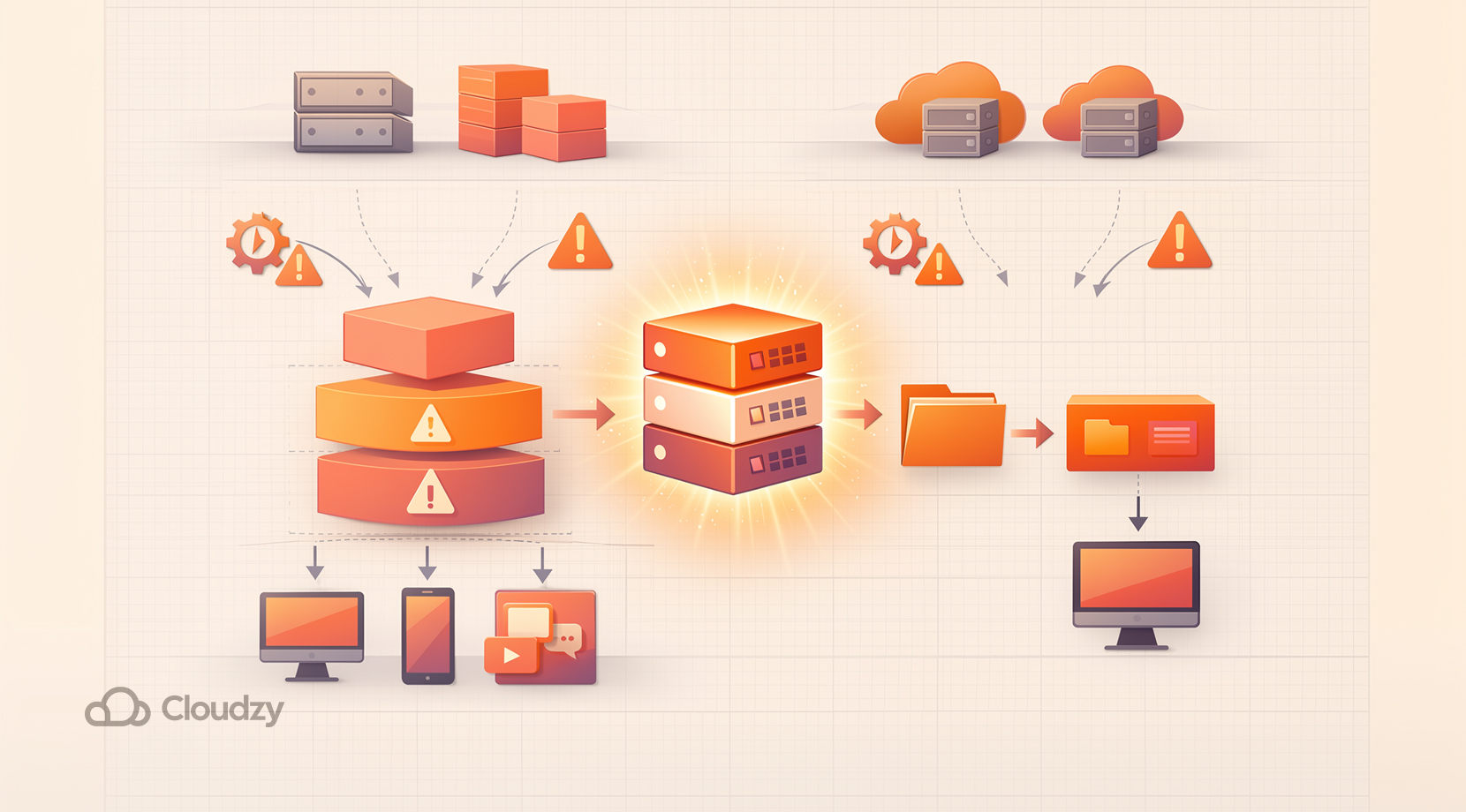 Headless CMS vs. Flat-File CMS diagram comparing layered infrastructure problems with a glowing server stack, file workflow, and content delivery to desktop, mobile, and other channels.