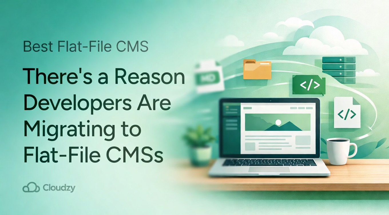 best flat-file CMS promotional graphic showing developers migrating to flat-file platforms, with code files, folders, servers, and a laptop website setup on a desktop workspace.