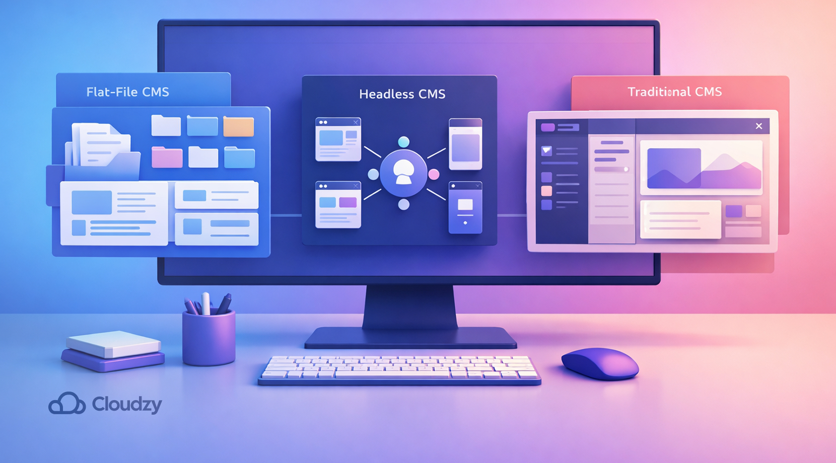 Open-source WordPress alternatives illustration comparing flat-file CMS, headless CMS, and traditional CMS on a desktop monitor with panels representing files, multi-channel delivery, and integrated content management.