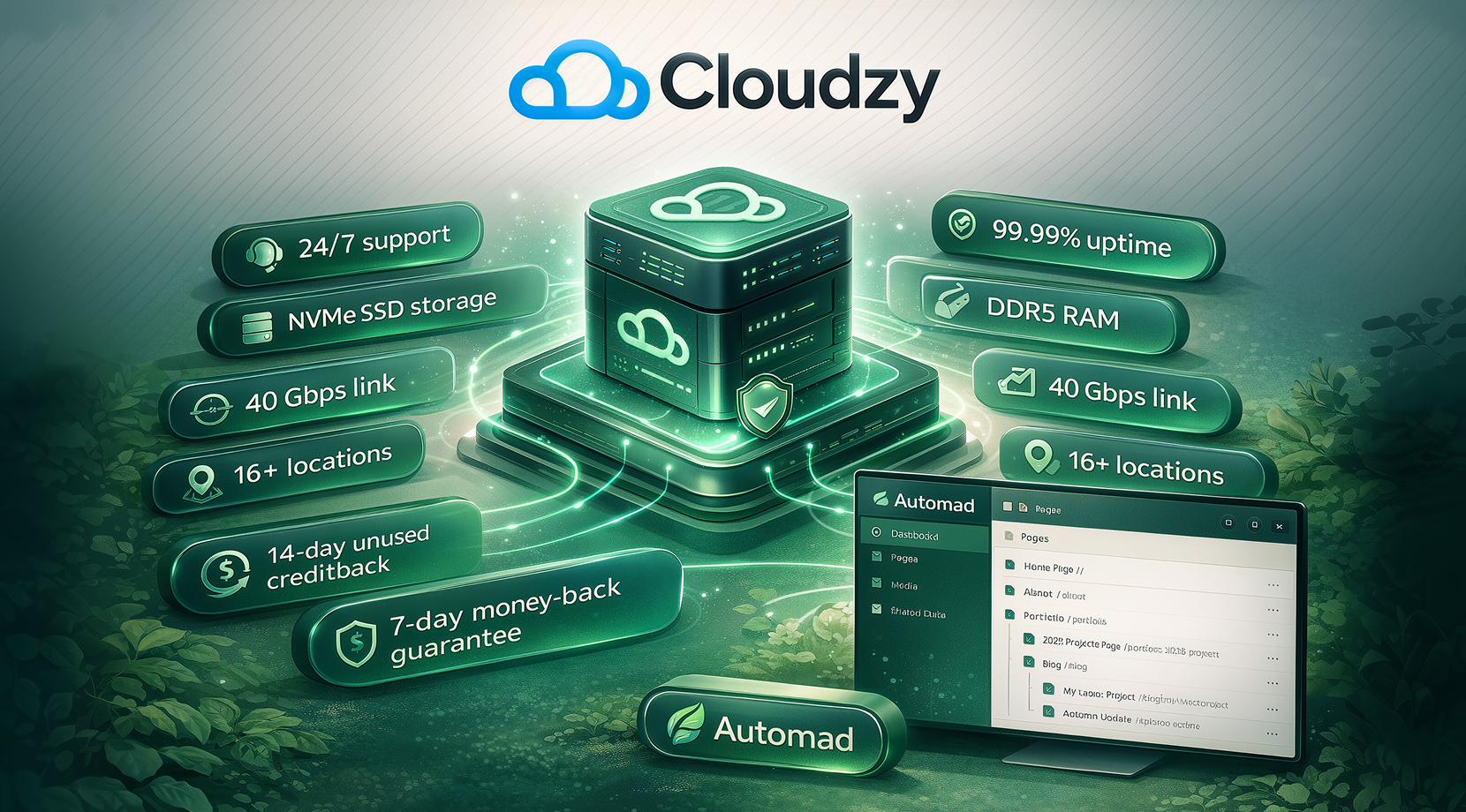 best flat-file CMS Automad hosting graphic featuring VPS infrastructure, uptime, DDR5 RAM, NVMe storage, global locations, support, and a site management dashboard.