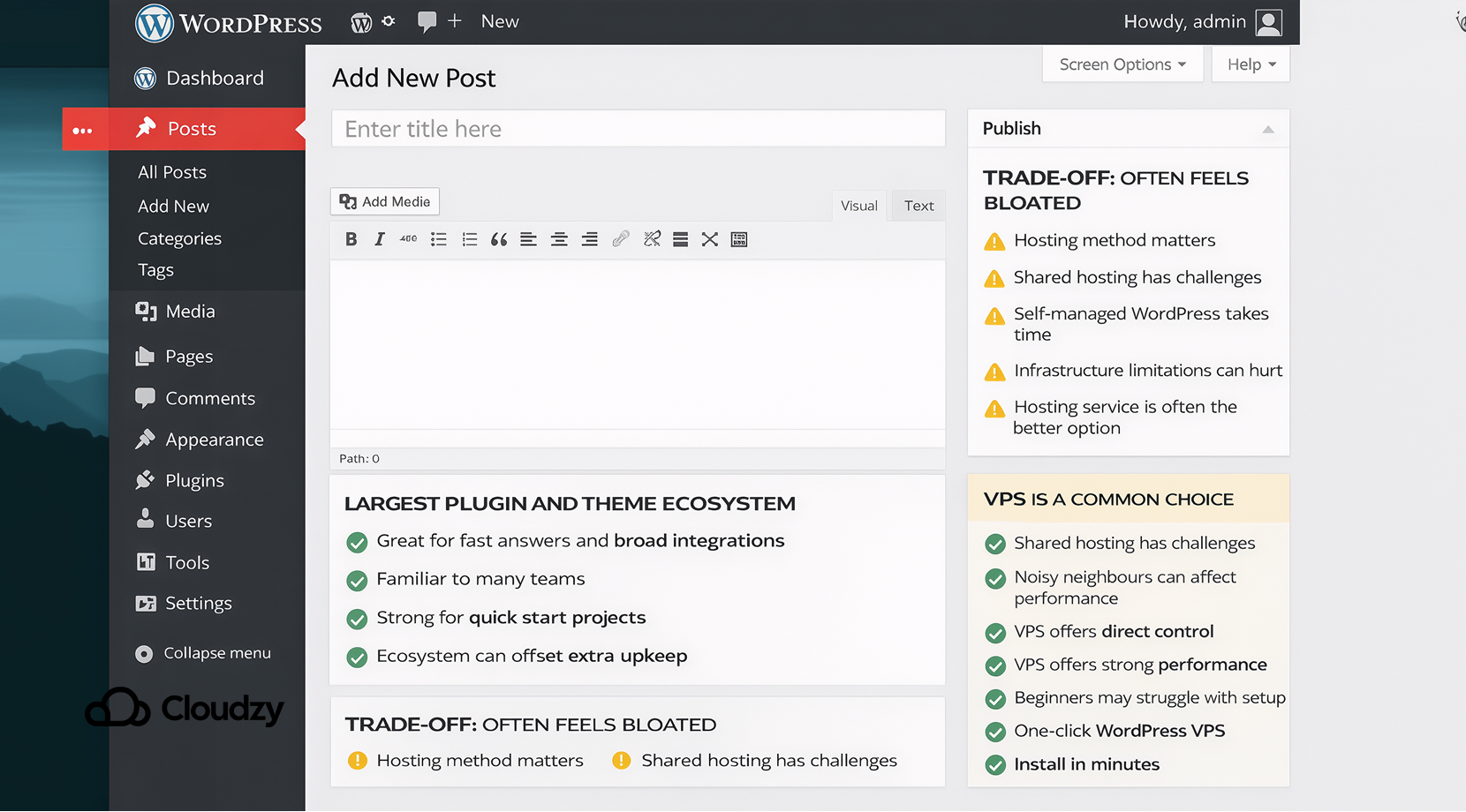 open-source WordPress alternatives WordPress dashboard showing post editor, publishing panel, plugin-and-theme ecosystem notes, hosting trade-offs, and VPS deployment benefits.