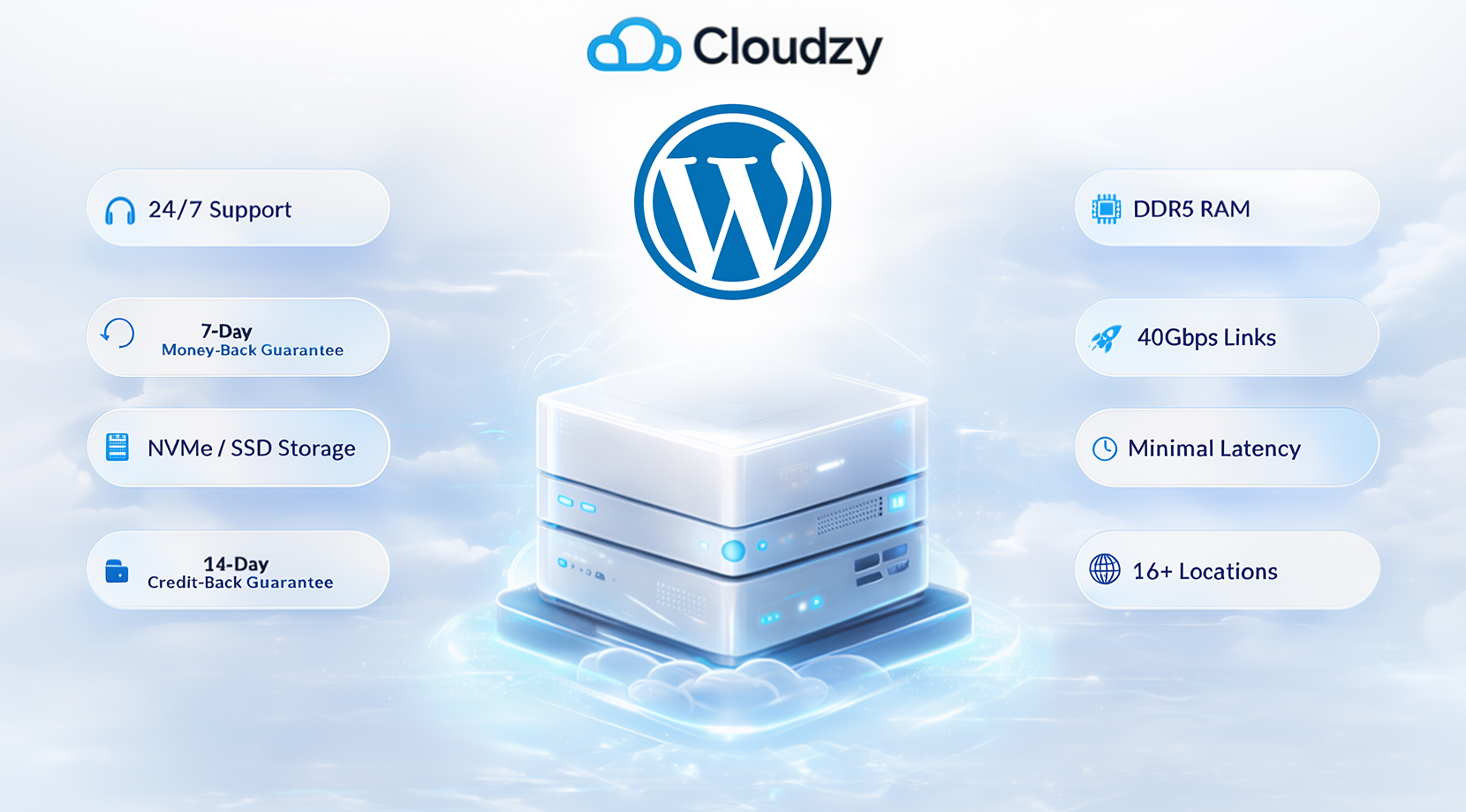 Automad vs. WordPress, Cloudzy WordPress VPS graphic showing the WordPress logo above a glowing server stack with support, NVMe SSD storage, DDR5 RAM, 40Gbps links, minimal latency, and 16+ locations.