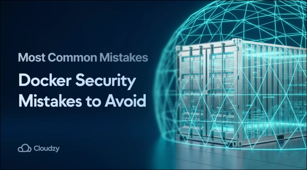 A metallic container shielded by a glowing neon cyan wireframe dome, featuring the article's title and Cloudzy logo against a deep blue background.