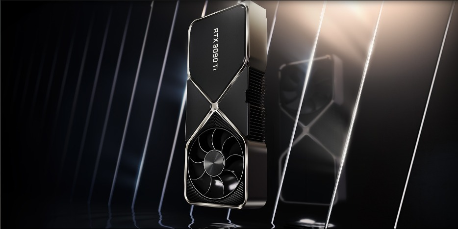 image of the RTX 3090 Ti with black and silver graphics behind it.