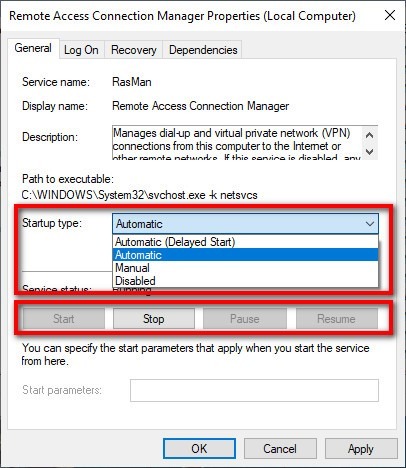 Remote Access Connection Manager properties