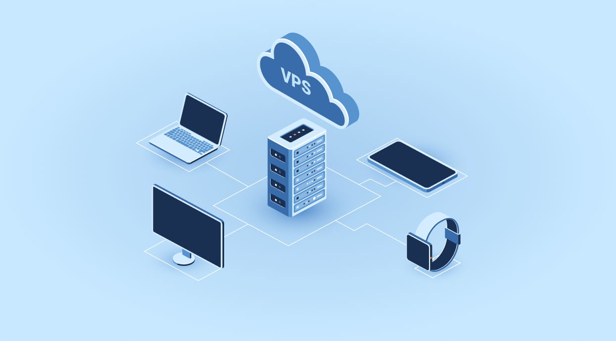  Picture of a cloud with the word VPS written on it above physical servers with lines connecting to various devices like laptops, phones, and tablets.