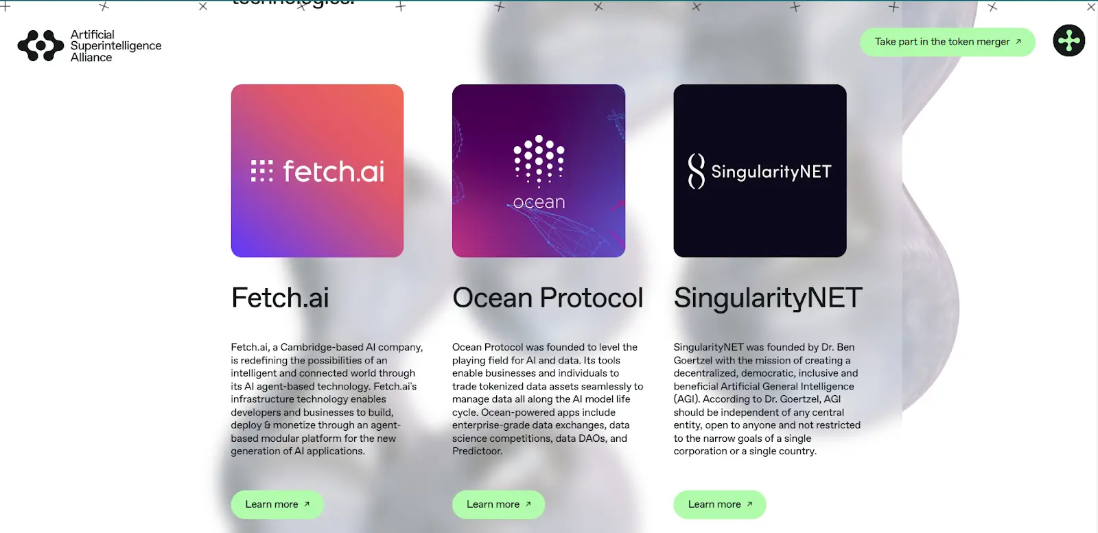 Image of ASI’s website introducing the trio of Fetch, Ocean Protocol, and SingularityNET.