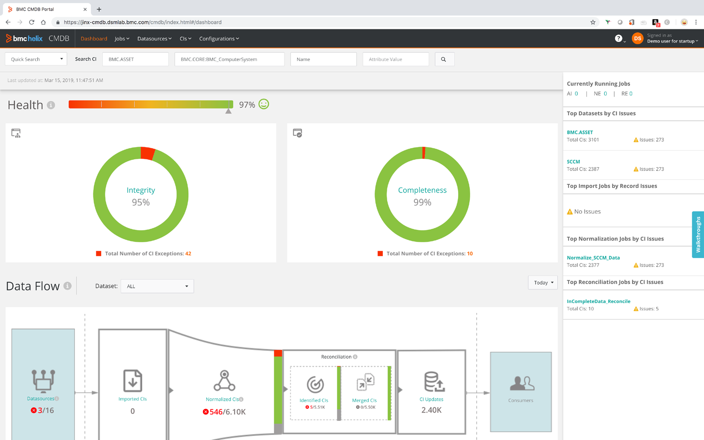 A screenshot of BMC Helix CMDB visualizing system health and data flow.